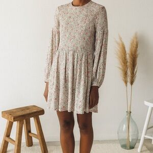 Ganni Floral-Print Georgette Smocked Long Sleeve Mini Dress in Egret